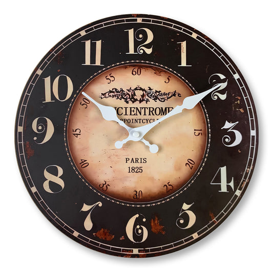Round Black Parisian French Decorative MDF Wall Clock With Hours And Minutes for Office Dinning Room Silent Non Ticking Wall Clock