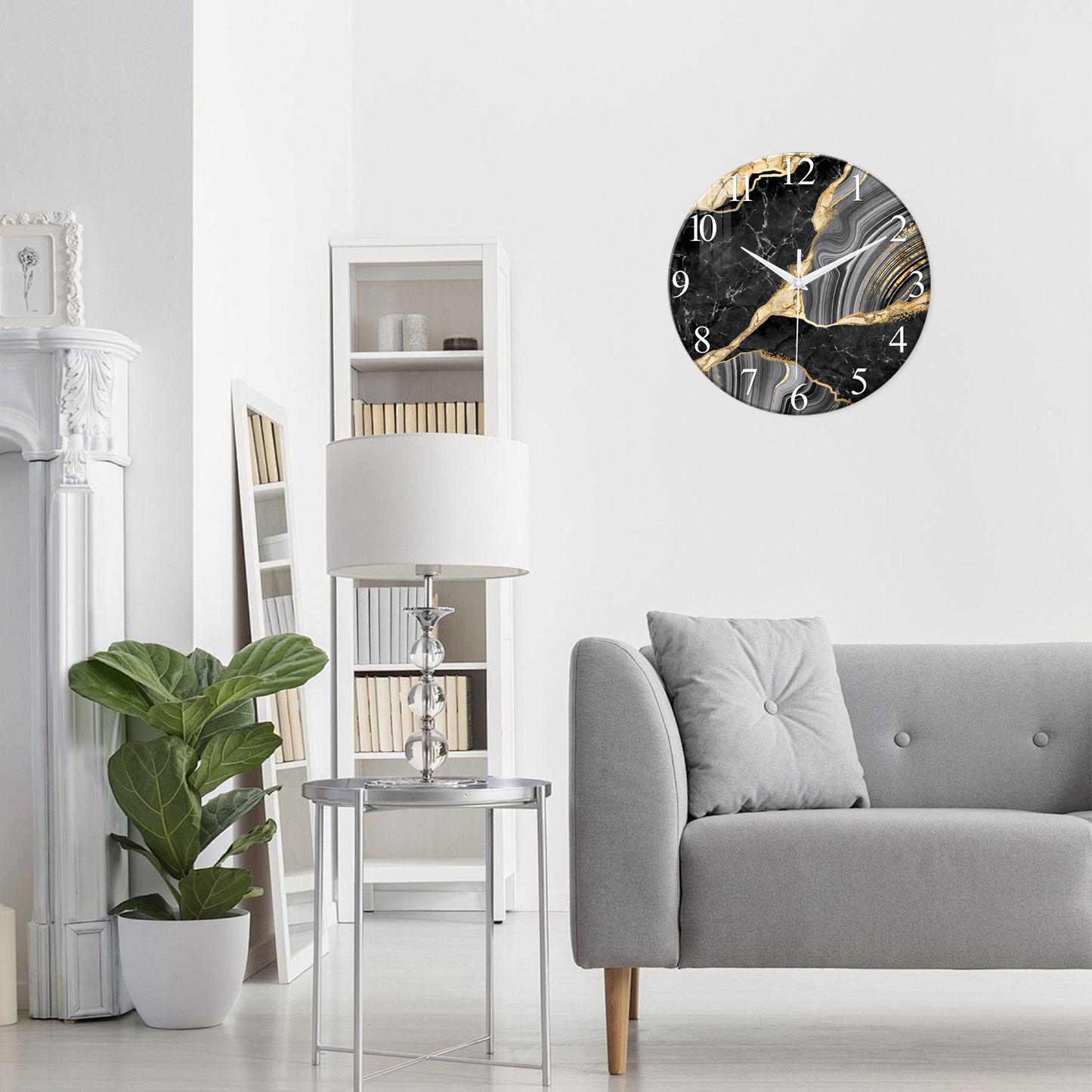 Black And Gold Tempered Glass Wall  Clock Silent Wall Clock Non-Ticking Battery Operated Living Room Wall Clock