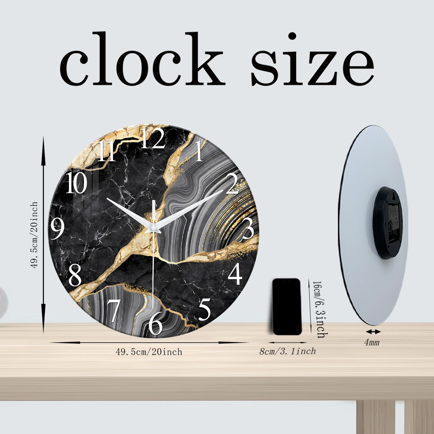 Black And Gold Tempered Glass Wall  Clock Silent Wall Clock Non-Ticking Battery Operated Living Room Wall Clock