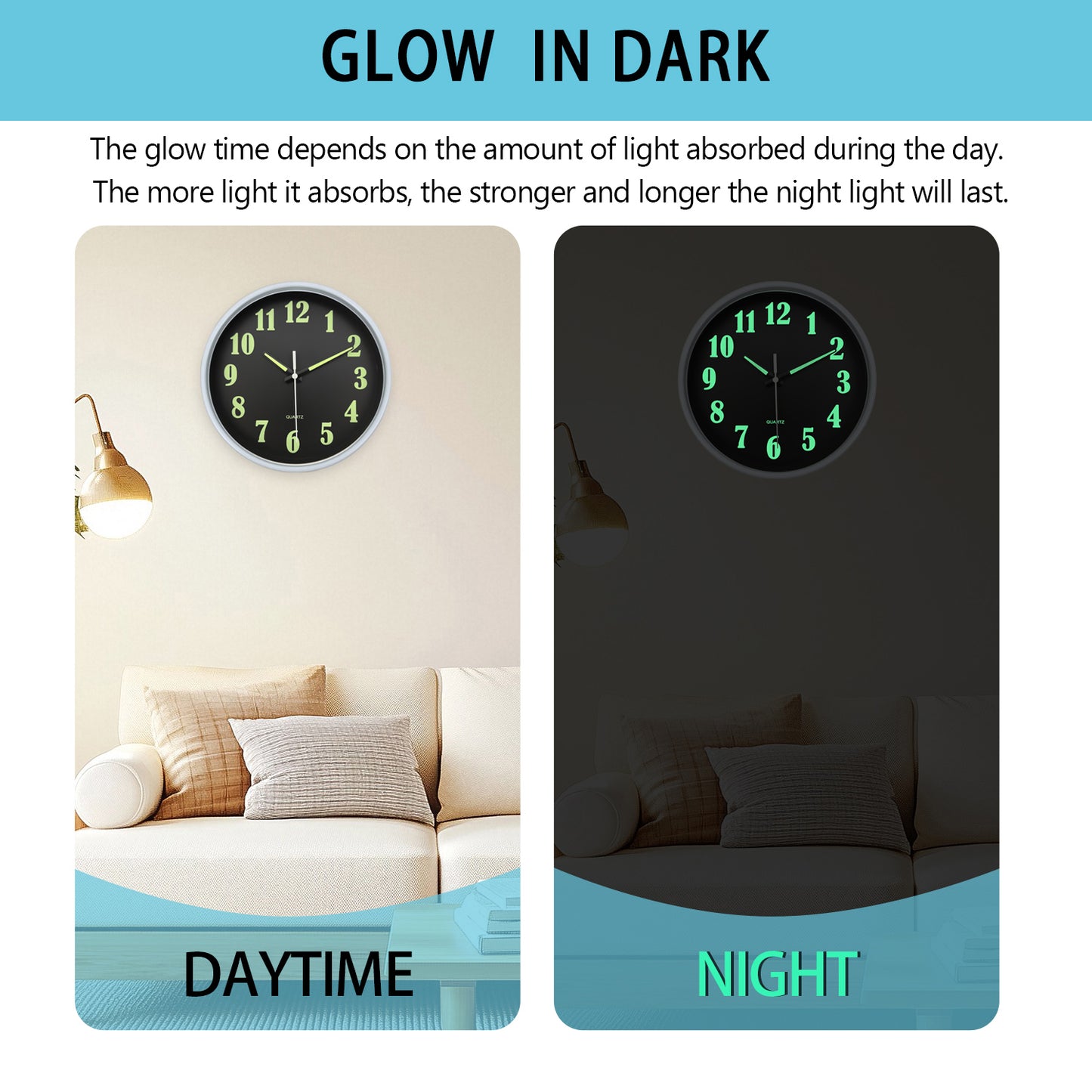 Constantplanet Modern Wall Clock Glow in The Dark 10 Inch Silent Non-Ticking Battery Operated - Analog Small Classic for Office, Living Room
