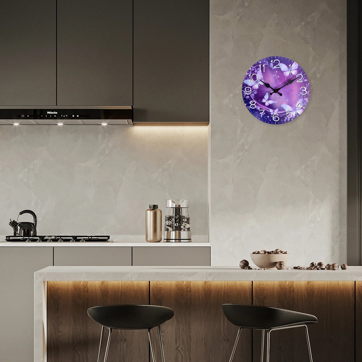 Purple Flower Vine Butterfly Flying MDF Wall Clock Battery Operated Non-ticking