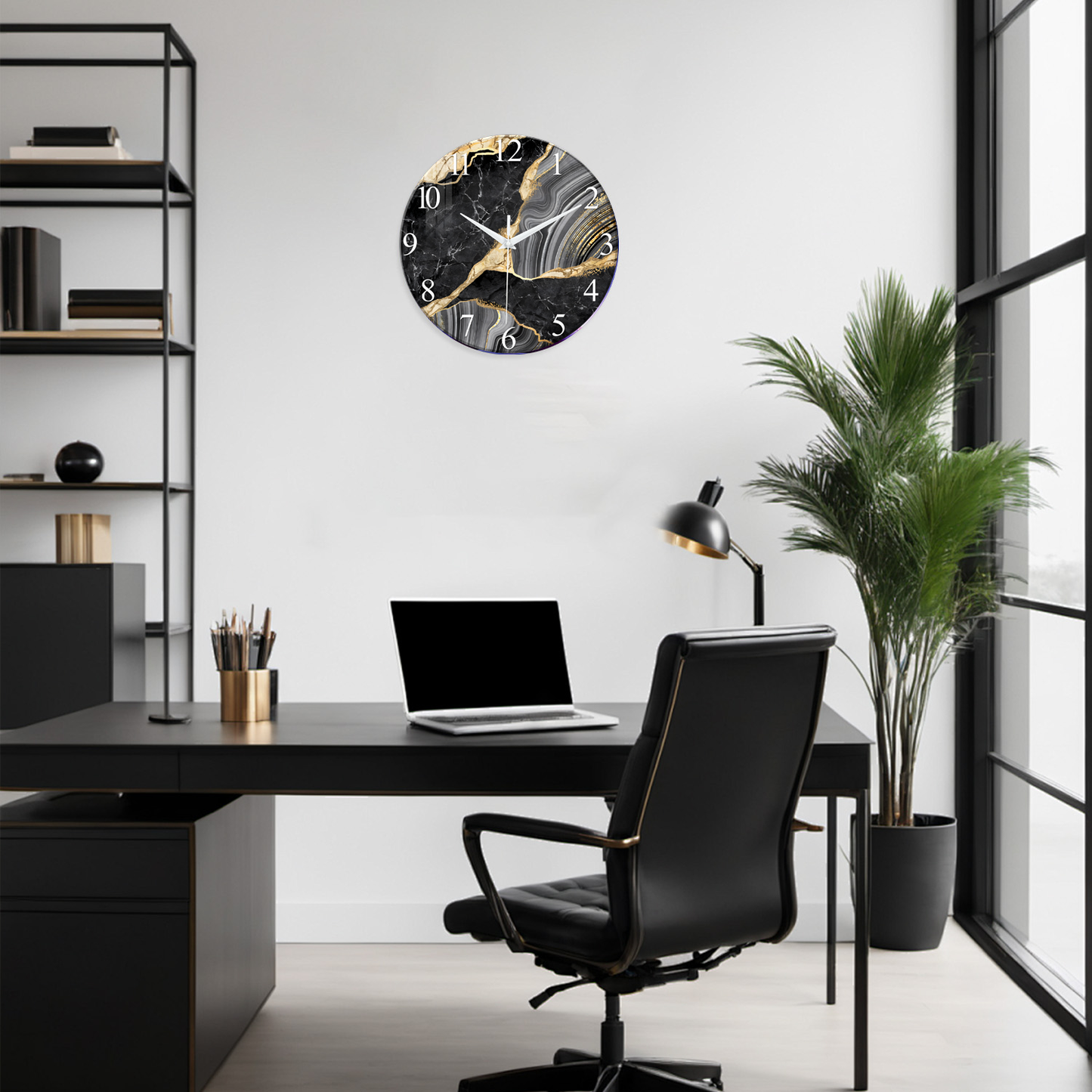 Black And Gold Tempered Glass Wall  Clock Silent Wall Clock Non-Ticking Battery Operated Living Room Wall Clock