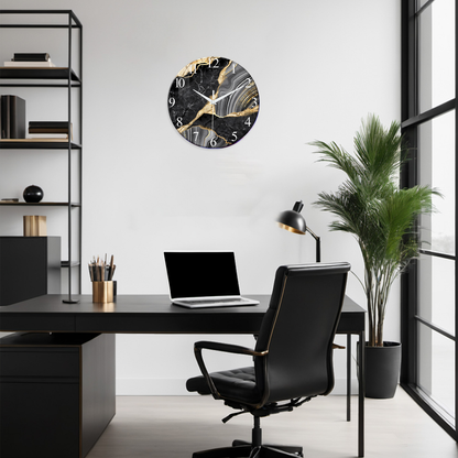 Black And Gold Tempered Glass Wall  Clock Silent Wall Clock Non-Ticking Battery Operated Living Room Wall Clock