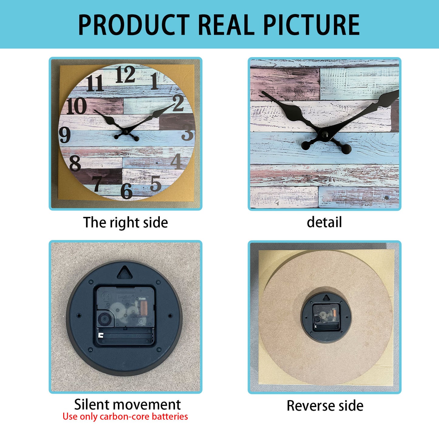 Sky Blue Clash Dark Curry Wood Texture Aged Wall Clock Non-Ticking Battery Operated