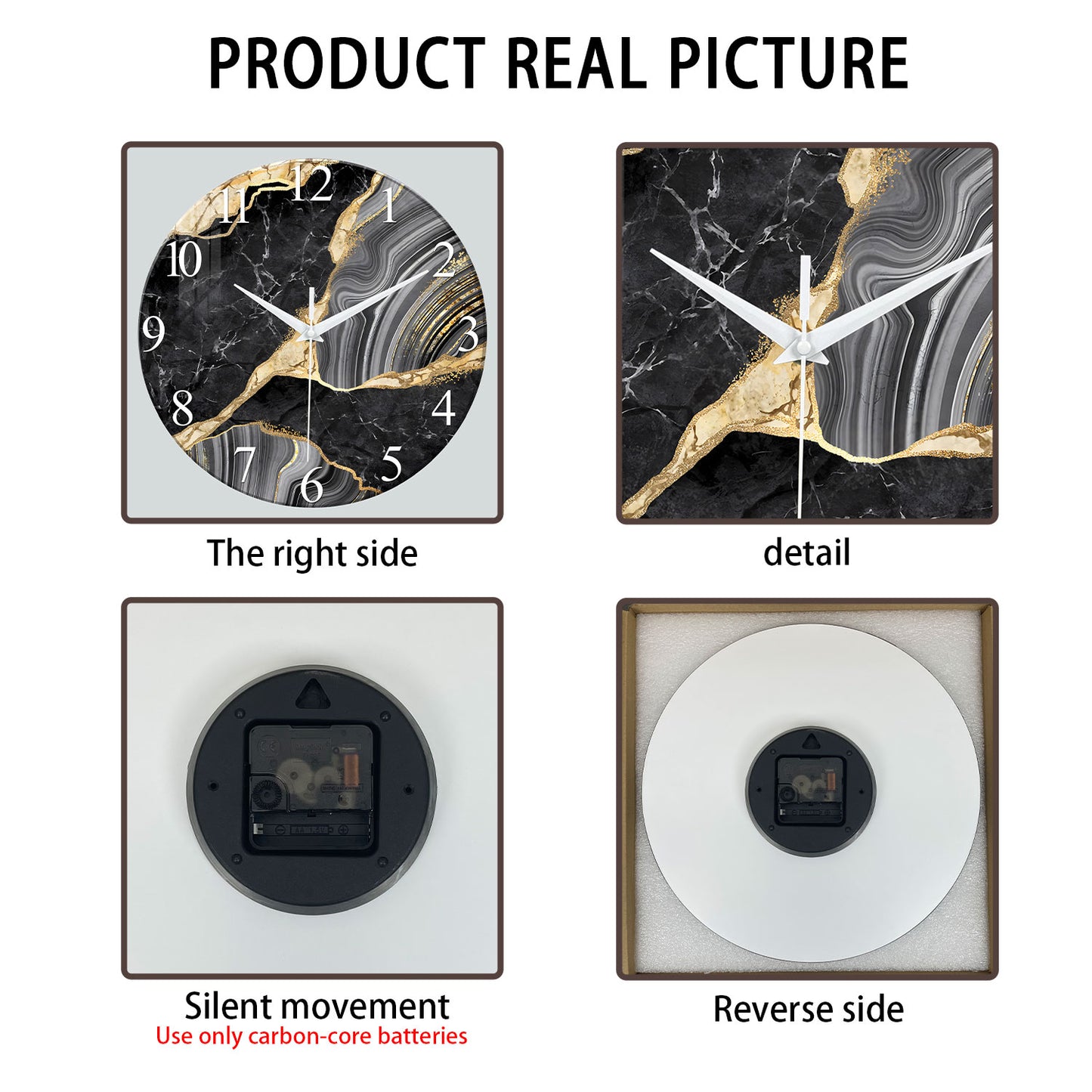 Black And Gold Tempered Glass Wall  Clock Silent Wall Clock Non-Ticking Battery Operated Living Room Wall Clock