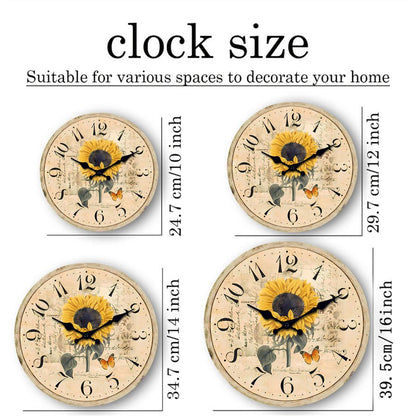 Floral Series Hand Drawn Sunflower MDF Plywood Wall Clock Non Ticking Battery Operated