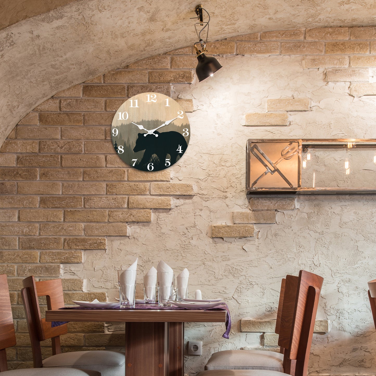 Bear Wooden Wall Clock Battery Operated Farmhouse Clocks for Living Room Kitchen Decor