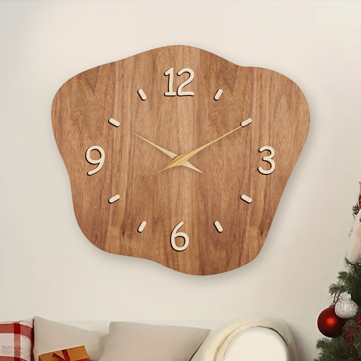 Irregular Wooden Silent Non-Ticking Wall Clock Battery Operated Asymmetrical Clock Wall Decoration for Living Room