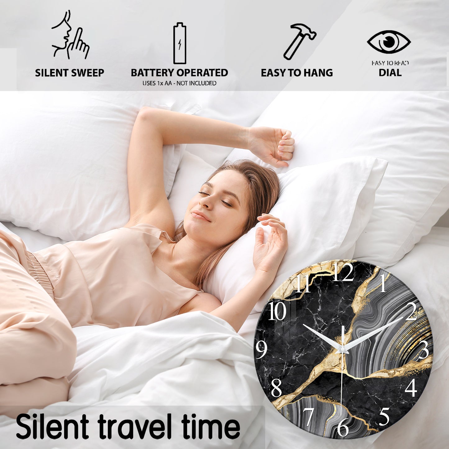 Black And Gold Tempered Glass Wall  Clock Silent Wall Clock Non-Ticking Battery Operated Living Room Wall Clock