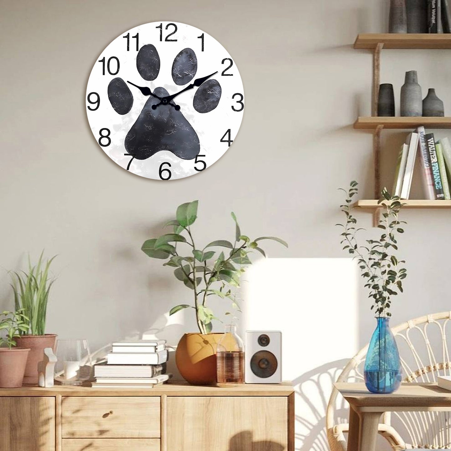 Orologio da parete in MDF con impronte di zampe di animali domestici in bianco e nero, orologio da parete a batteria senza ticchettio per gatti 