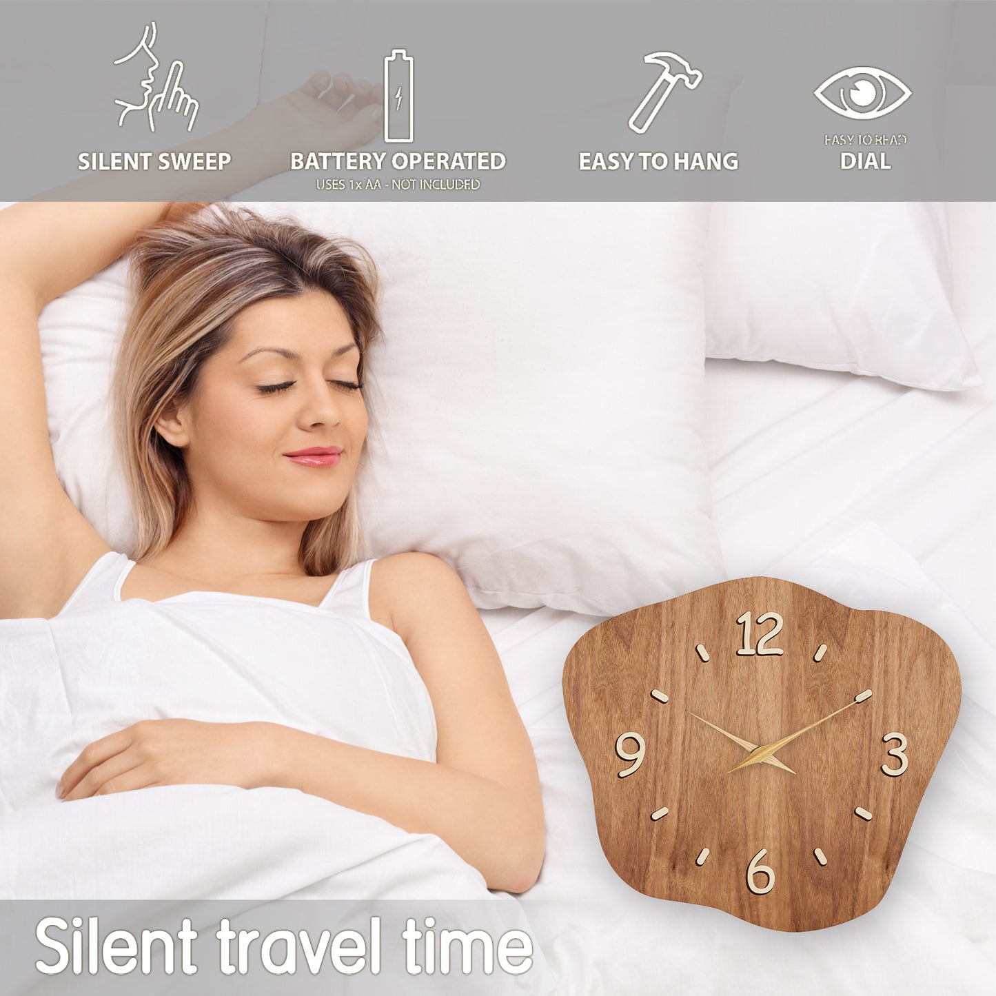 Irregular Wooden Silent Non-Ticking Wall Clock Battery Operated Asymmetrical Clock Wall Decoration for Living Room