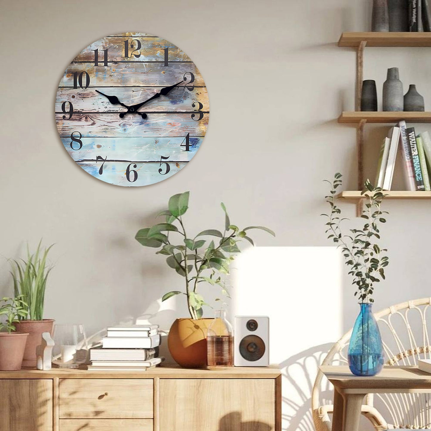 Colorful Printed Country Style MDF Wood Grain Wall Clock Battery Operated Round Silent Wall Clock