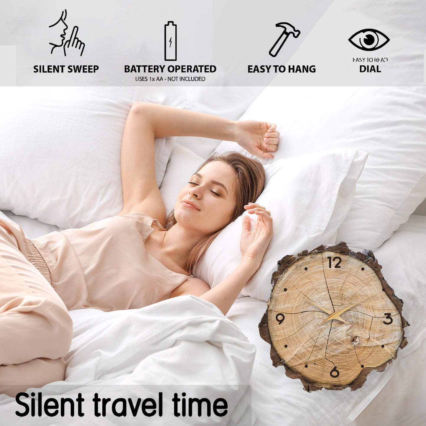 16-Inch Wooden Ring Veneer Wall Clock Silent Non-ticking Battery Operated for Living Room