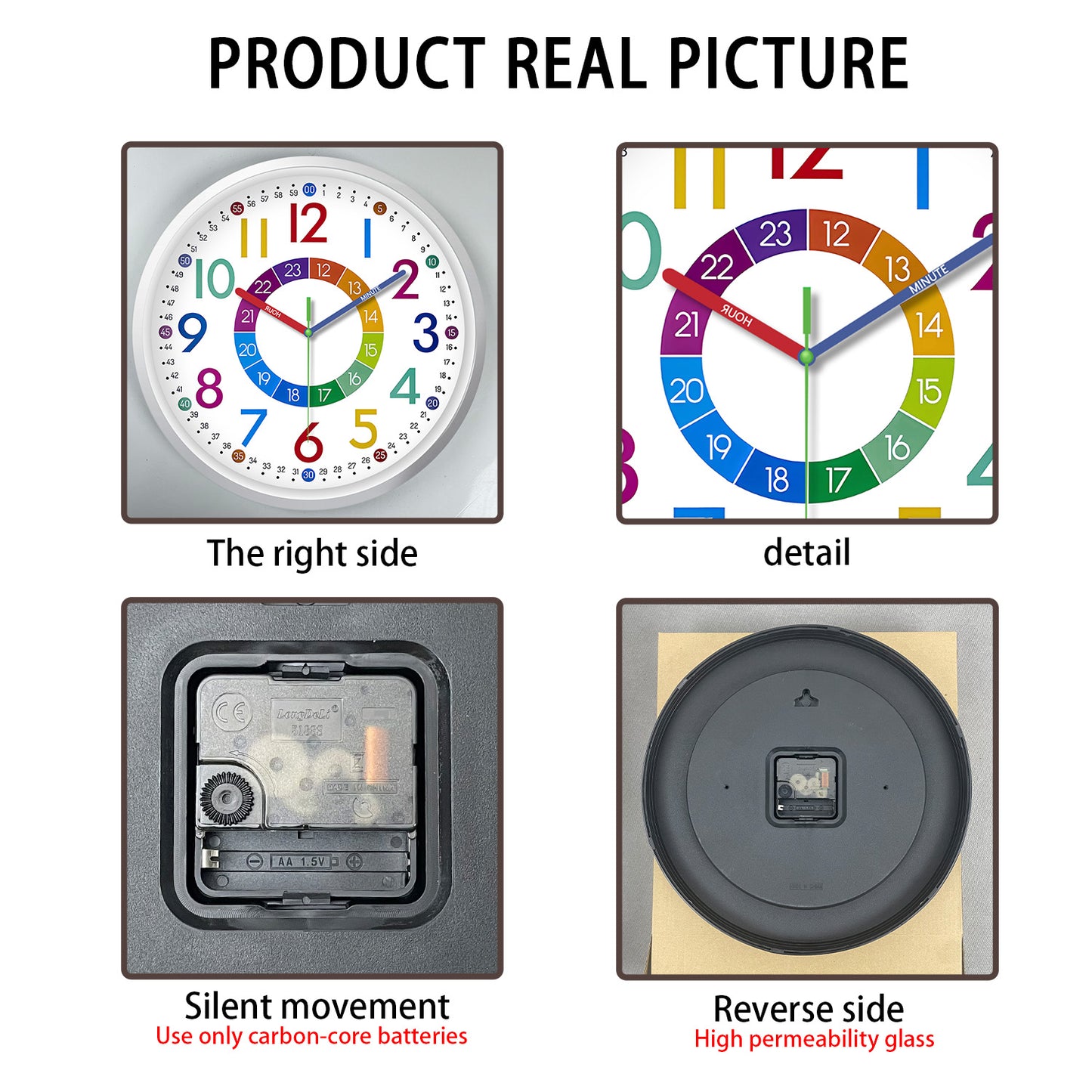 Kids Wall Clocks Battery Operated Silent Non Ticking Colorful Modern Time Teaching Wall Clock for Nursery Kids Room Classroom Decor