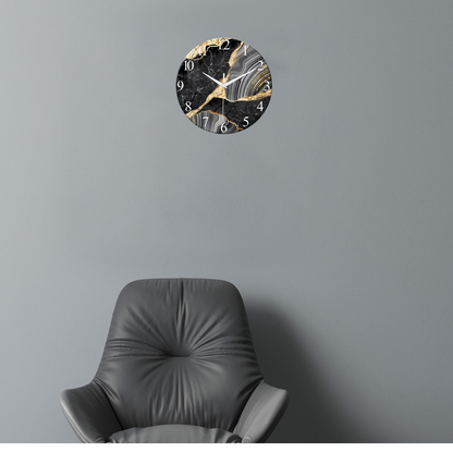 Black And Gold Tempered Glass Wall  Clock Silent Wall Clock Non-Ticking Battery Operated Living Room Wall Clock