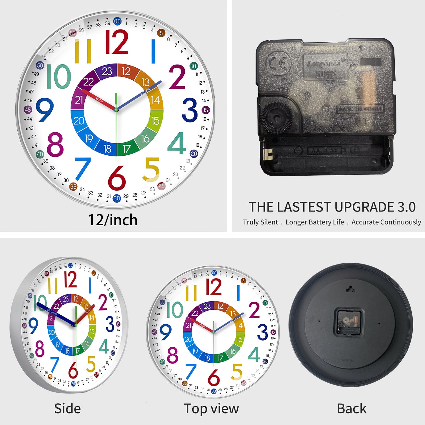 Kids Wall Clocks Battery Operated Silent Non Ticking Colorful Modern Time Teaching Wall Clock for Nursery Kids Room Classroom Decor