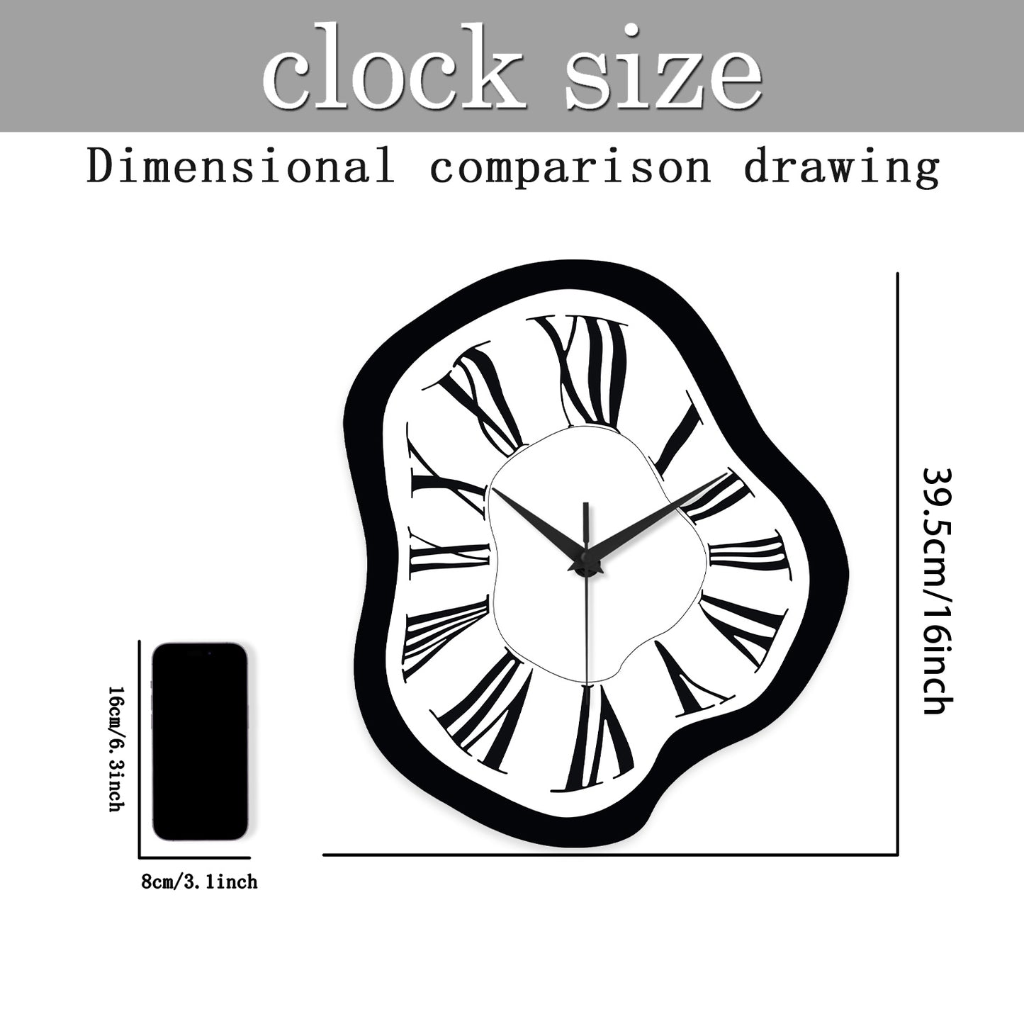 16 Inch Distorted Wooden Wall Clock Silent Modern Roman Numerals Minimalist Decor for Living Room, Bedroom, Office