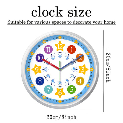 Learning Wall Clock 8 Inch –Time Teaching Non-Ticking Battery Operated Wall Clock for Classroom, Bedroom, School