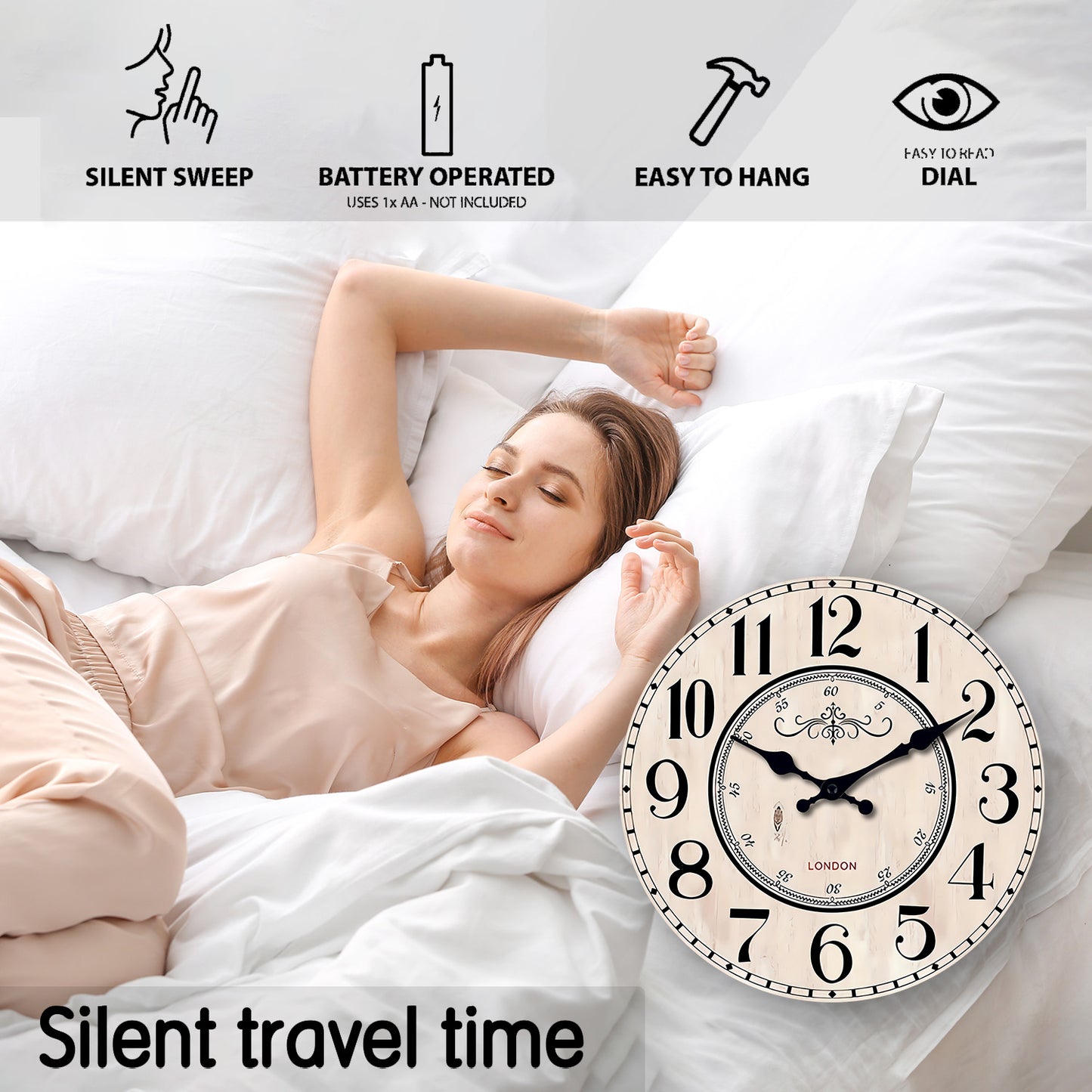 Vintage London Wooden Wall Clock Silent Non-ticking Battery Operated for Living Room