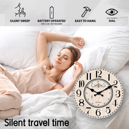 Vintage London Wooden Wall Clock Silent Non-ticking Battery Operated for Living Room