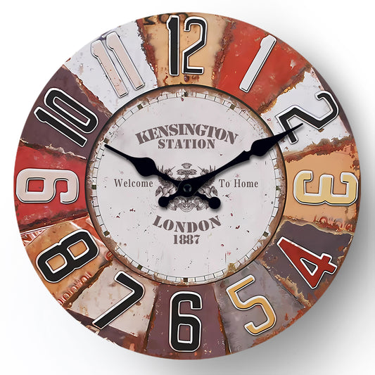 Aged Colourful Sobriety Kensington Station Non Ticking Battery Operated Wall Clock