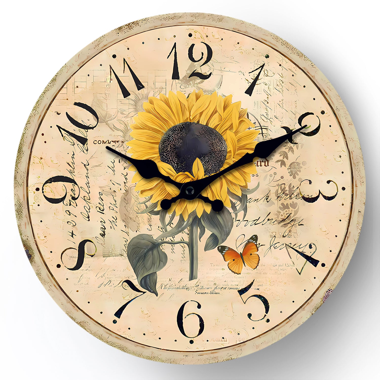 Floral Series Hand Drawn Sunflower MDF Plywood Wall Clock Non Ticking Battery Operated