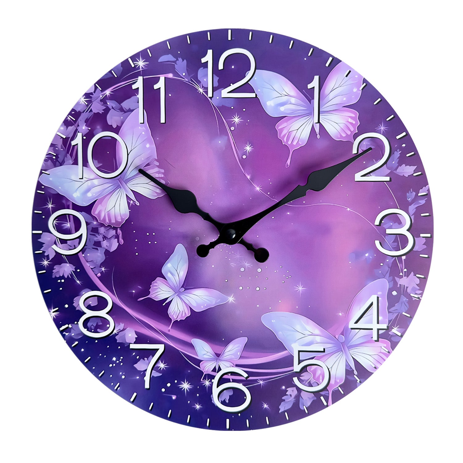 Purple Flower Vine Butterfly Flying MDF Wall Clock Battery Operated Non-ticking