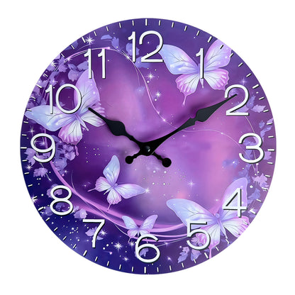 Purple Flower Vine Butterfly Flying MDF Wall Clock Battery Operated Non-ticking