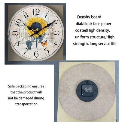 Floral Series Hand Drawn Sunflower MDF Plywood Wall Clock Non Ticking Battery Operated