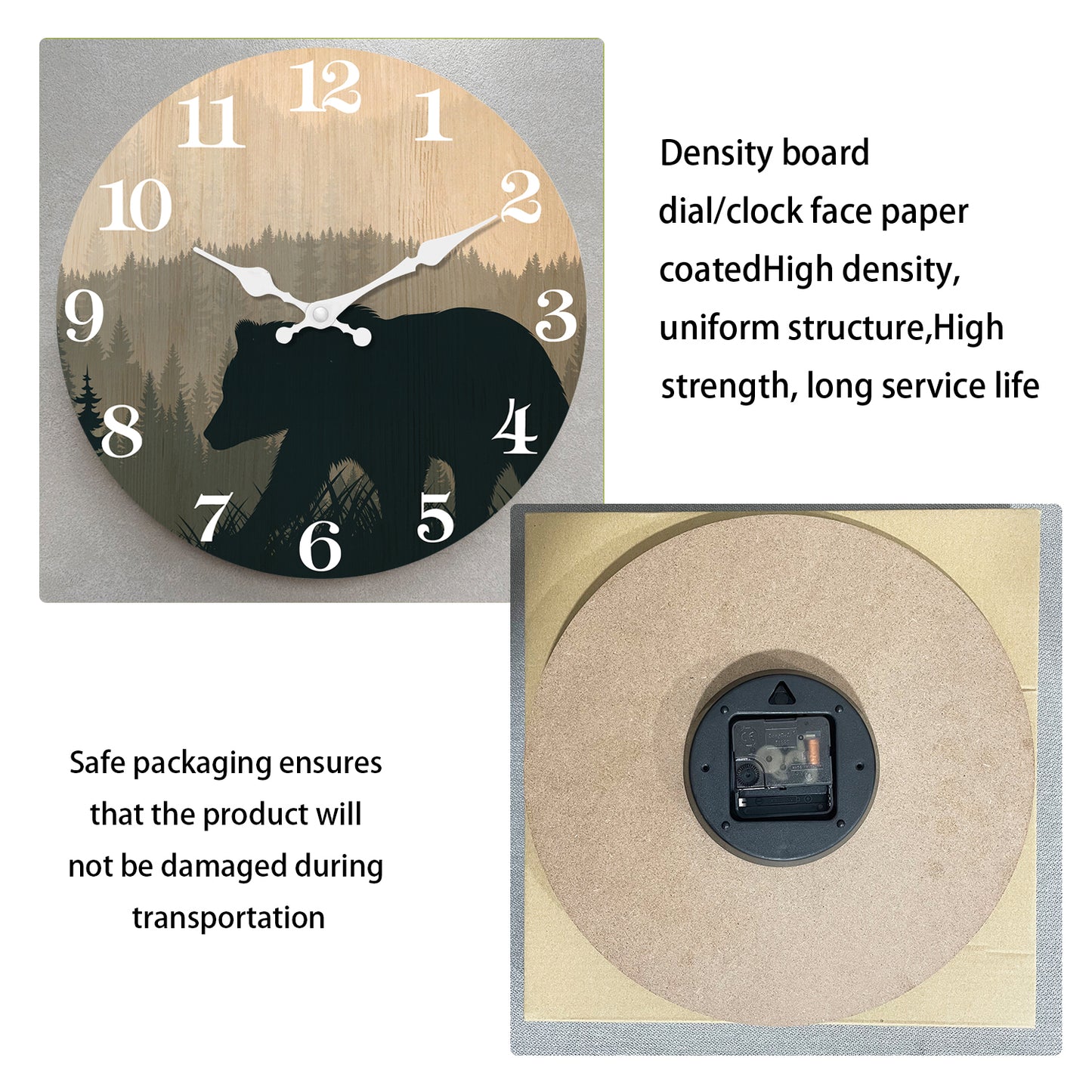 Bear Wooden Wall Clock Battery Operated Farmhouse Clocks for Living Room Kitchen Decor
